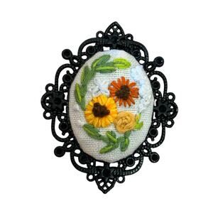 Handmade Floral Embroidery Pendant Decorative Bezel ~ Sunflowers & Roses
